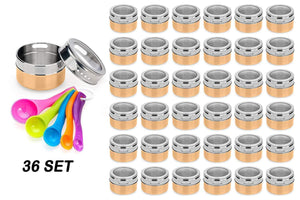 Stainless Steel Magnetic Spice Jars - Bonus Measuring Spoon Set - Airtight Kitchen Storage Containers - Stack on Fridge to Save Counter & Cupboard Space - 36pc Organizers in Gold