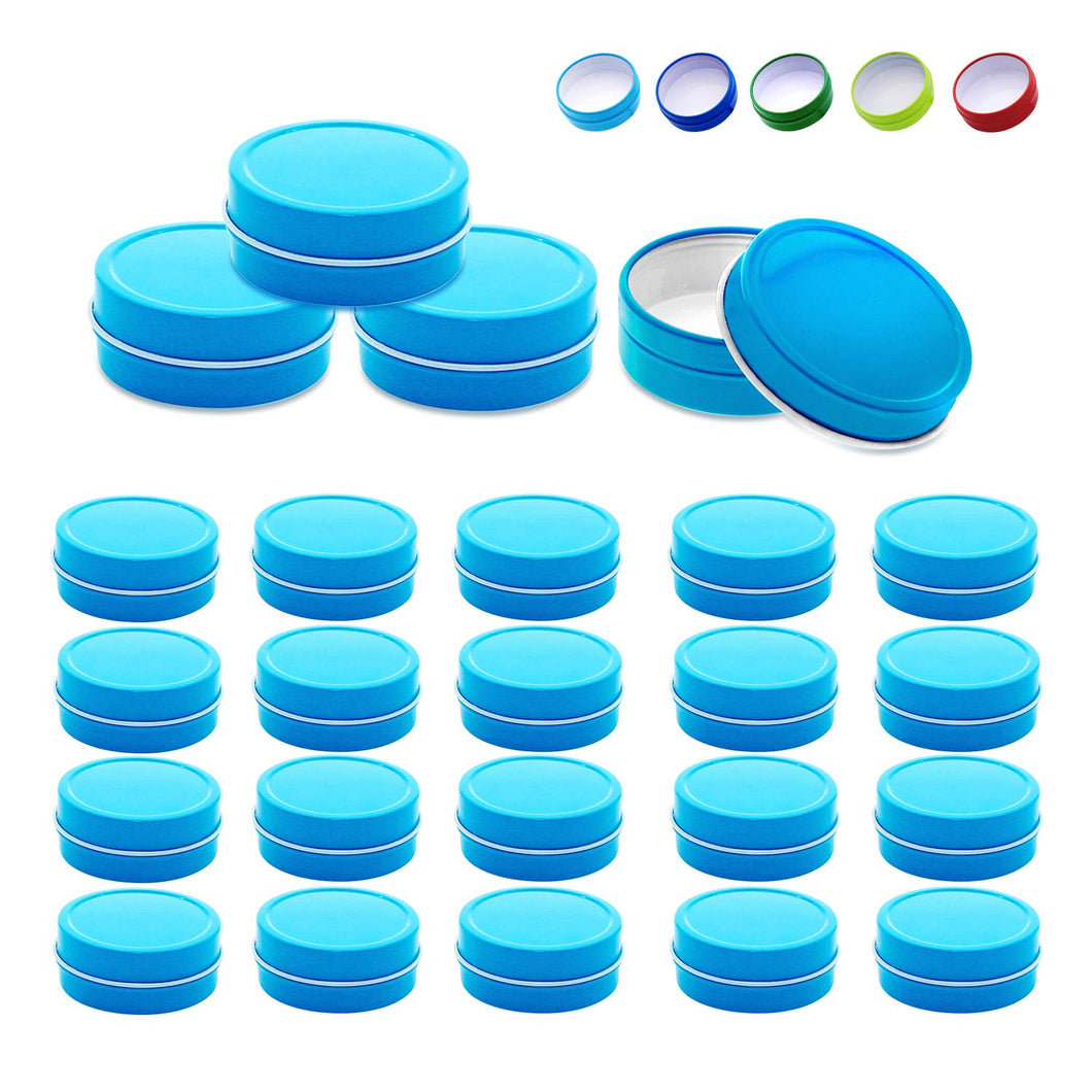 Mimi Pack 2 oz Shallow Round Metal Tin Can Empty Slip Top Lid Steel Containers For Cosmetics, Favors, Spices, Balms, Gels, Candles, Gifts, Storage 24 Pack (Azure Blue)