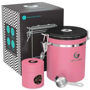 Coffee Gator Stainless Steel Container - Fresher Beans and Grounds for Longer - Canister with co2 Valve, Scoop and Travel Jar - Medium, Pink