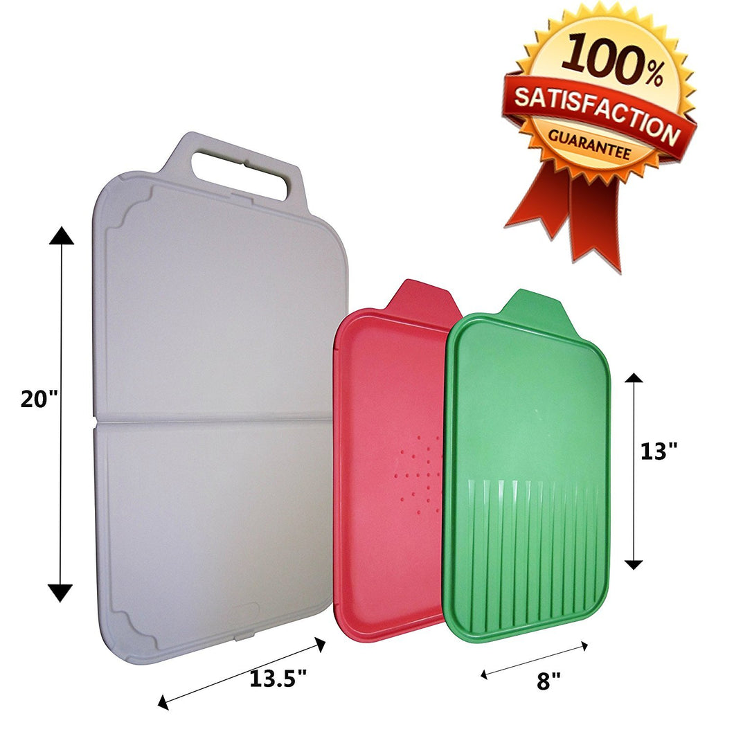 ChefsN'cooks™ Briefcase Style Plastic Kitchen Cutting Board Set-1 Extra Large (White) Butcher Block. Non-Slip, + 2 Clip On Mats, (Green/Red) - Home, Travel & Camping Use -