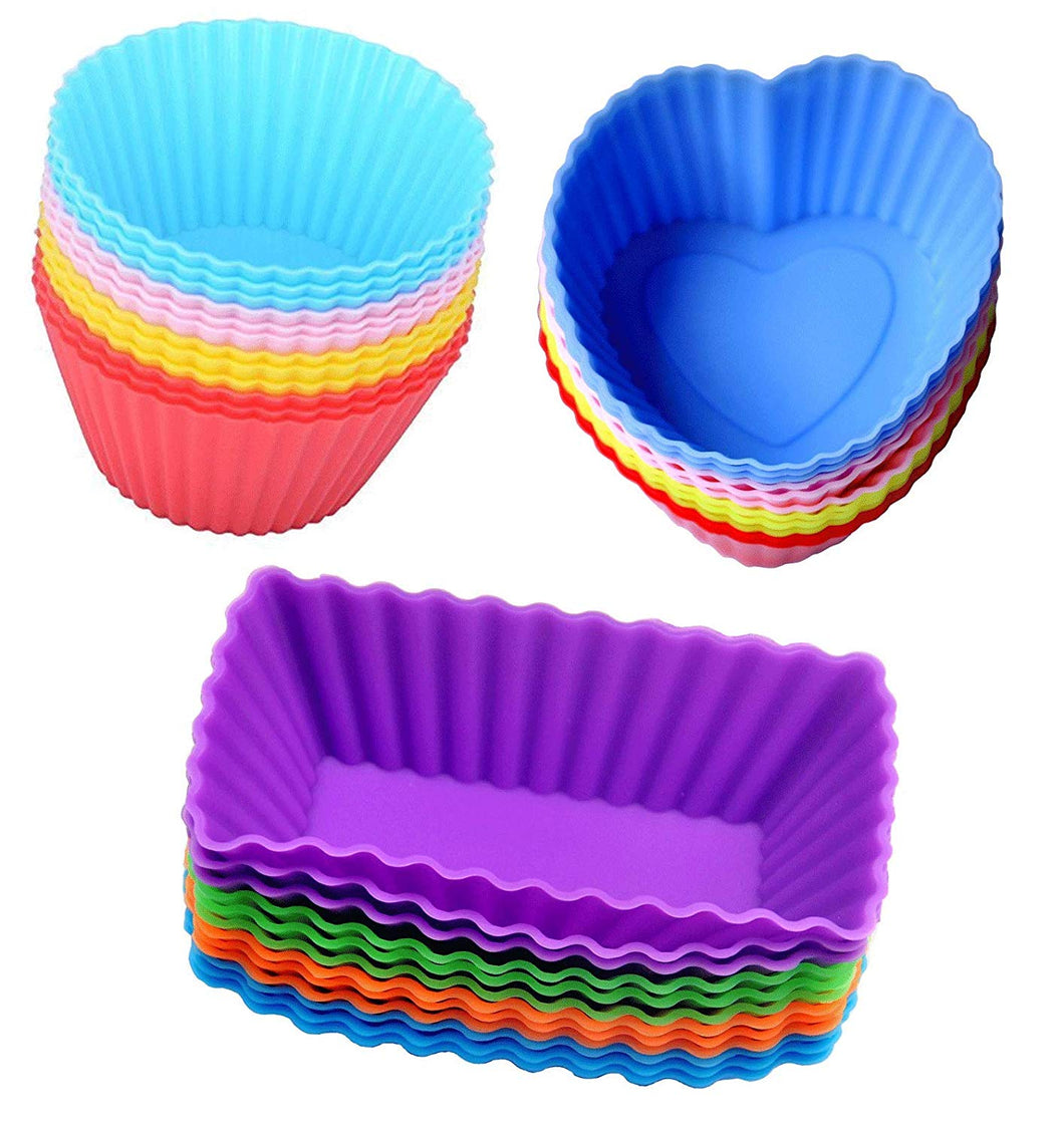 Cutequeen 36pcs (12pcs Heart-Shaped;12pcs Rectangular and 12pcs Round) Silicone Baking Cups/Cupcake Liners - in Storage Container - Never Buy Paper Cups Again(Pack of 36)