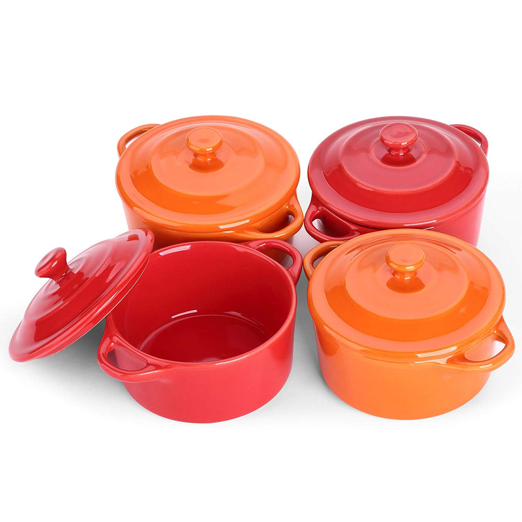 LIFVER 7-oz Ceramic Ramekins for Baking, Mini Casserole with Lid, Souffle Dish, Dip Bowls, Set of 4, Red & Orange