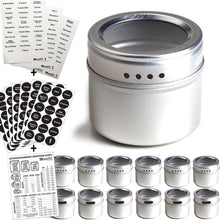12 Magnetic Spice Tins & 2 Types of Spice Labels, Authentic by Talented Kitchen. 12 Storage Spice Containers, Window Top w/Sift-Pour. 113 Clear & 126