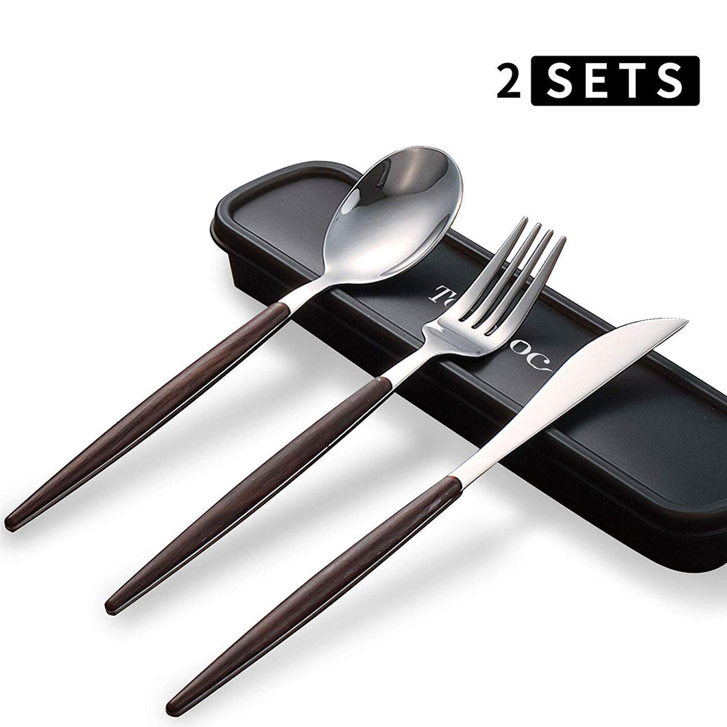 2 sets Wood Handle Flatware Sets Knife Fork Spoon Stainless Steel & Wanut Wood Flatware Set Portable Travel Silverware Dinnerware Set with a Organizer box (2 sets)
