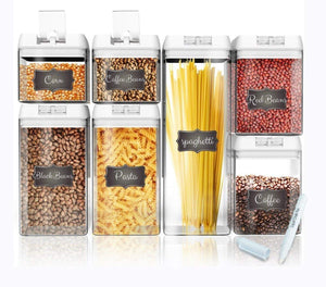 Shazo Airtight Container Set for Food Storage - 7 Piece Set + 14 Measuring Spoons + 18 Labels & Marker - Strong Heavy Duty Plastic - BPA Free - Airtight Storage Clear Plastic w/White Interchangeable