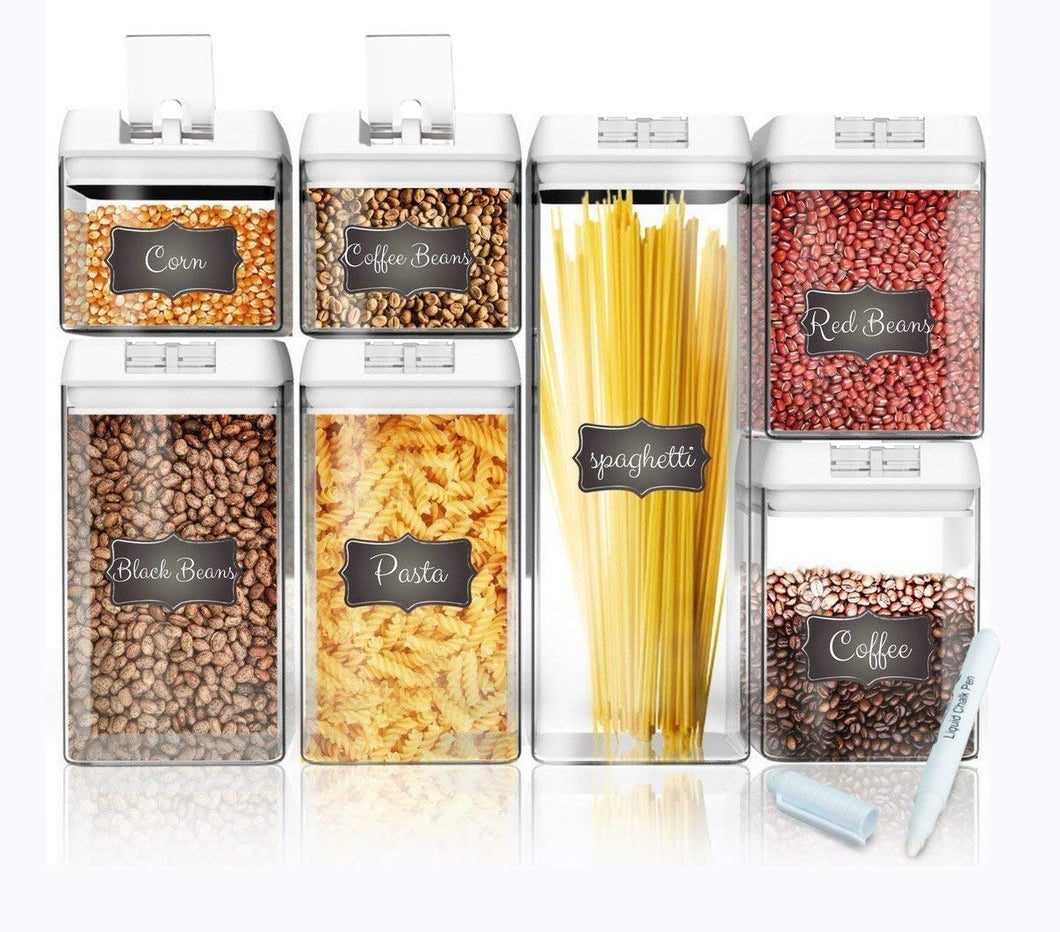 Shazo Airtight Container Set for Food Storage - 7 Piece Set + 14 Measuring Spoons + 18 Labels & Marker - Strong Heavy Duty Plastic - BPA Free - Airtight Storage Clear Plastic w/White Interchangeable
