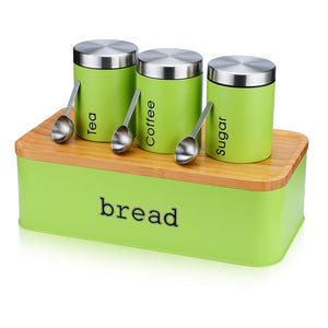 Large Bread Box for Kitchen, Fortune Candy 8 Piece Bread Bin Storage Container Bread Holder with Cutting Board Lids, 3Pcs Food Storage Container Airtight Canisters , 3Pcs Stainless Steel Spoons, Green