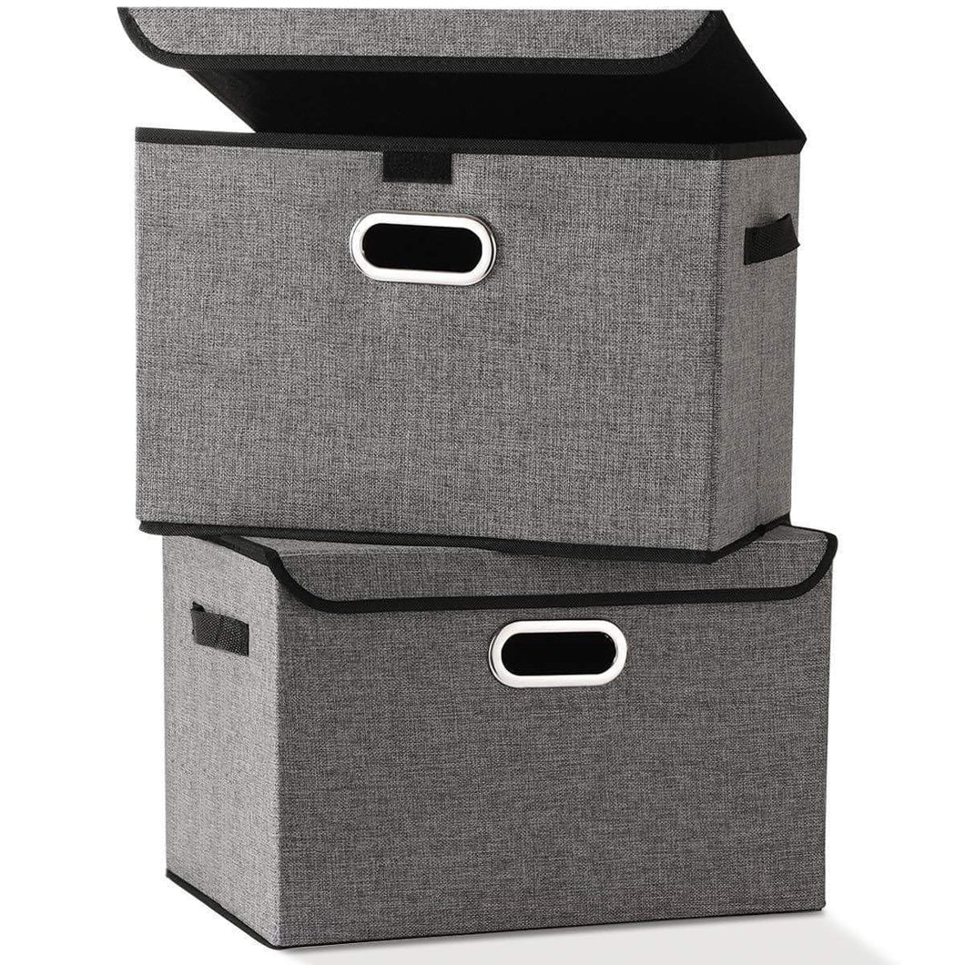 Large Foldable Storage Box Bin with Lids[2-Pack] NO Smell Stackable Linen Fabric Storage Container Organizers with Handles for Home Bedroom Closet Nursery Office (Gray Color)