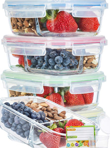 Glass Meal Prep Containers 3 Compartment SUPER BUNDLE (5-Pack WITH SAUCE CUPS & LABELS) Meal Prep Glass Containers/Bento Box Containers. Microwave AND OVEN SAFE. Bento Box Lunch Glass Container.