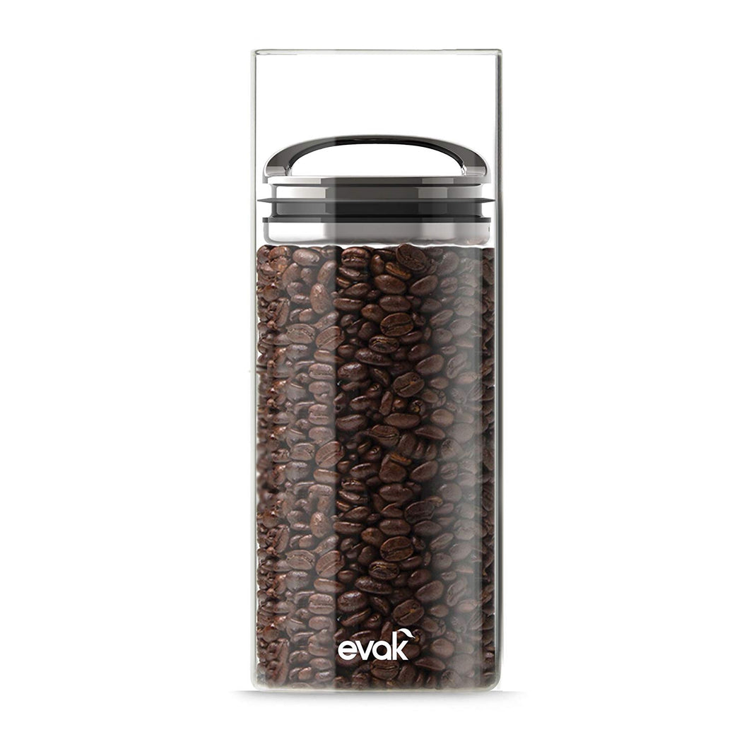 Best PREMIUM Airtight Storage Container for Coffee Beans, Tea and Dry Goods - EVAK - Innovation that Works by Prepara, Glass and Stainless, Compact Dark Chrome Handle, Large