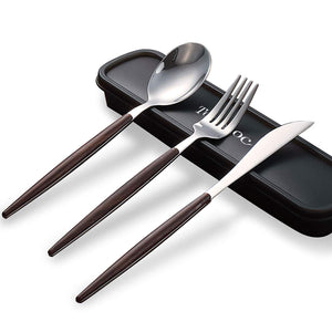 Elegant Stainless Steel & Flatware Set with Wood Handle, Healthy & Eco-Friendly 3 Pieces Knife Spoon Set, Portable Travel Silverware Dinnerware Set with a Organizer box (1, Walnut)