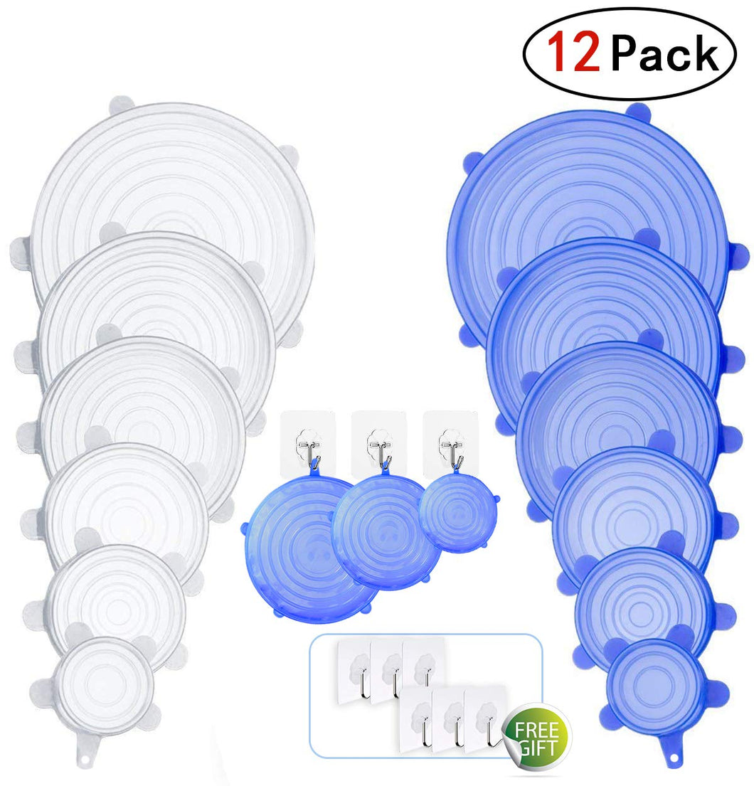 Crenics Silicone Stretch Lids,12 Pack of Various Sizes to Fit Various Size and Shape of Containers,Reusable, Durable and Expandable Hanging Type Food Covers,Keeping Food Fresh with 6 Wall Hooks