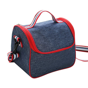 Insulated Lunch Tote Bag Food Cooler Bags Handbag Freezable Lunch Box Bag Container Organizer for Men Women Kids with Adjustable Strap Back Pocket (Navy-Red Side Zipper, 8.9" L x 6.3" W x 7.7" H)