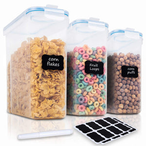 Cereal Container with Lids - 3 Piece Airtight Food Storage Containers with 16 Free Labels & 1 Marker Set - BPA Free Plastic Dispenser Perfect for Flour, Rice, Sugar etc (16.9 Cup 135.2oz) - FOOYOO