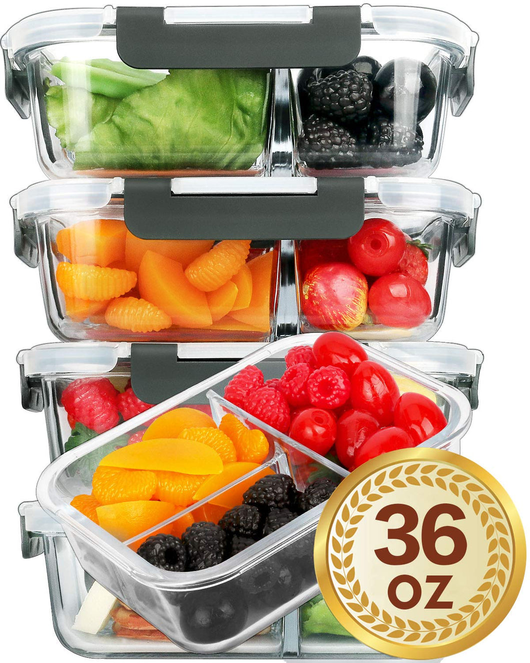 [6-Packs] Glass Meal Prep Containers 3 Compartment with Lids, Glass Lunch Containers,Food Storage Lunch Box,Bento Box,BPA-Free, Microwave, Oven, Freezer, Dishwasher Safe (36 oz)