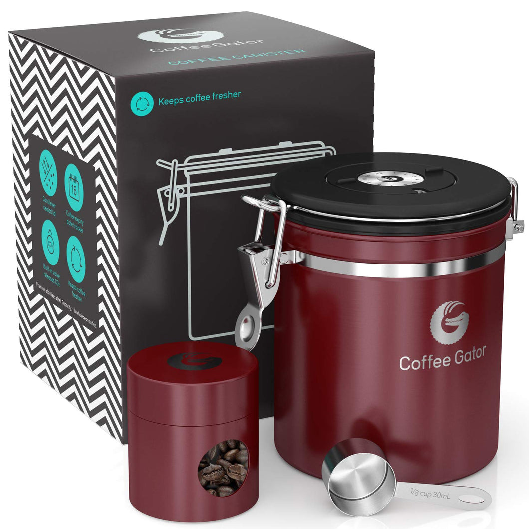 Coffee Gator Stainless Steel Container - Fresher Beans and Grounds for Longer - Canister with co2 Valve, Scoop and Travel Jar - Medium, Red
