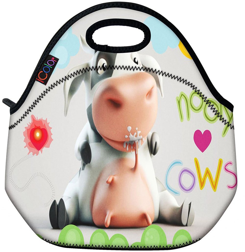 Cute Cows Thermal Neoprene Waterproof Kids Insulated Lunch Portable Carry Tote Picnic Storage Bag Lunch box Food Bag Gourmet Handbag Cooler warm Pouch Tote bag For School work Office FLB-017