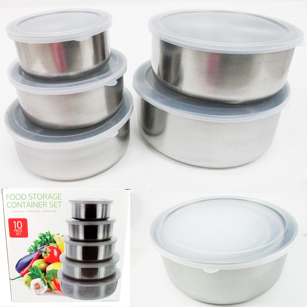 10 Pcs Steel Metal Food Storage Saver Containers Mixing Bowl Cookware Set New !