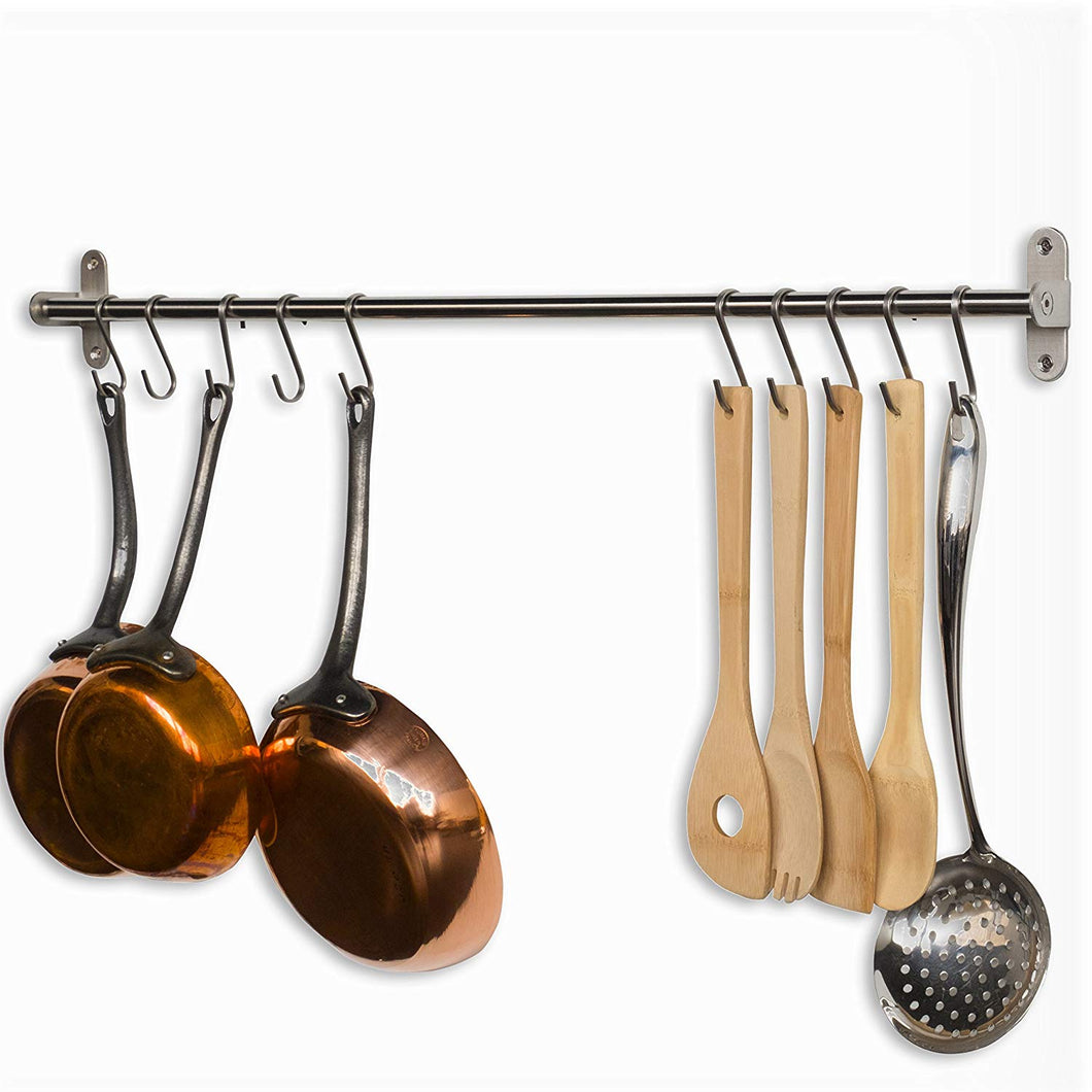 Lyon Stainless Steel Gourmet Kitchen 31.5 Inch Wall Mount Rail and 10 S Hooks Set Utensil Pot Pan Lid Rack Storage Organizer , Silver