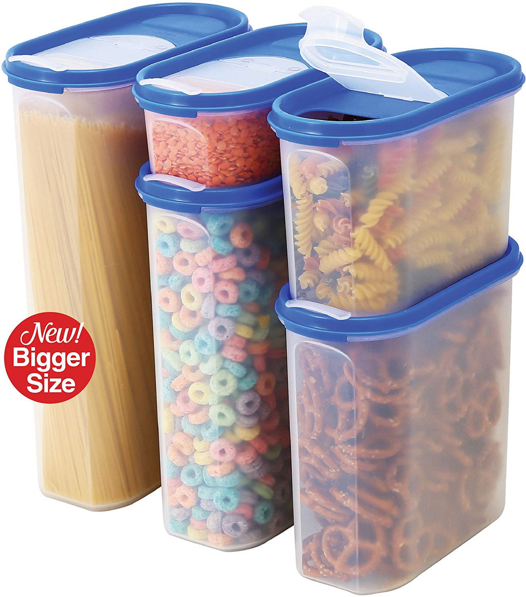 Food Storage Containers Set -STACKO- 10 PC. SET - Airtight Dry Food Container with POURING LIDS - Durable Clear Frosted Plastic BPA Free - Space Saver Modular Design - 5 Container set