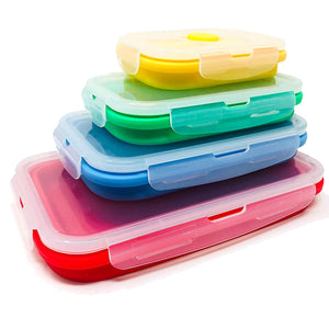 Set of 4 Collapsible Silicone Food Storage Container, Leftover Meal box For Kitchen, Bento Lunch Boxes, BPA Free, Microwave, Dishwasher and Freezer Safe. Foldable Thin Bin Design Saves Your Space.