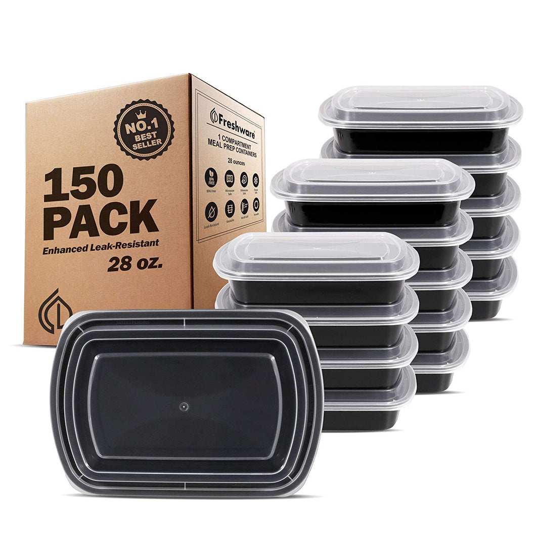 Freshware YH-1X150B Meal Prep [150 Pack] 1 Compartment with Lids, Food Storage Containers Bento BPA Free | Stackable | Lunch Boxes, Microwave/Dishwasher/Freezer Safe, 150-Pack,