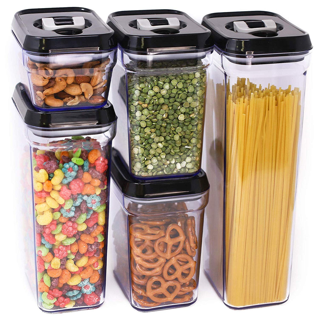 Zeppoli Air-Tight Food Storage Container Set - 5-Piece Set - Durable Plastic - BPA Free - Clear Plastic with Black Lids