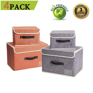 Jane's Home 4 Pack Storage Bins Boxes Linen Collapsible Cube Set Organizer Basket with Lid & Handle, Foldable Fabric Containers for Clothes, Toys, Closet, Office, Nursery (Grey and Orange)