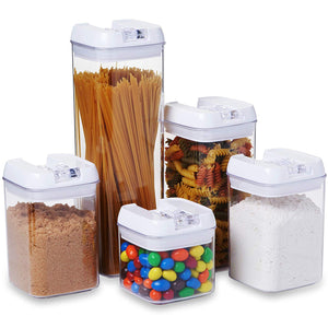 5 pc. Set Clear Food Containers w Airtight Lids Canisters for Kitchen & Pantry Storages - Storage for Cereal, Flour, Cooking - BPA-Free Plastic White Lid by Guru Products