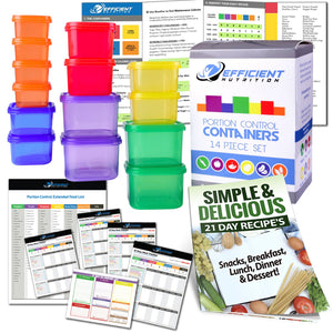 Portion Control Containers DELUXE Kit (14-Piece) with COMPLETE GUIDE + 21 DAY PLANNER + RECIPE eBOOK by Efficient Nutrition - BPA FREE Color Coded Meal Prep System for Diet and Weight Loss