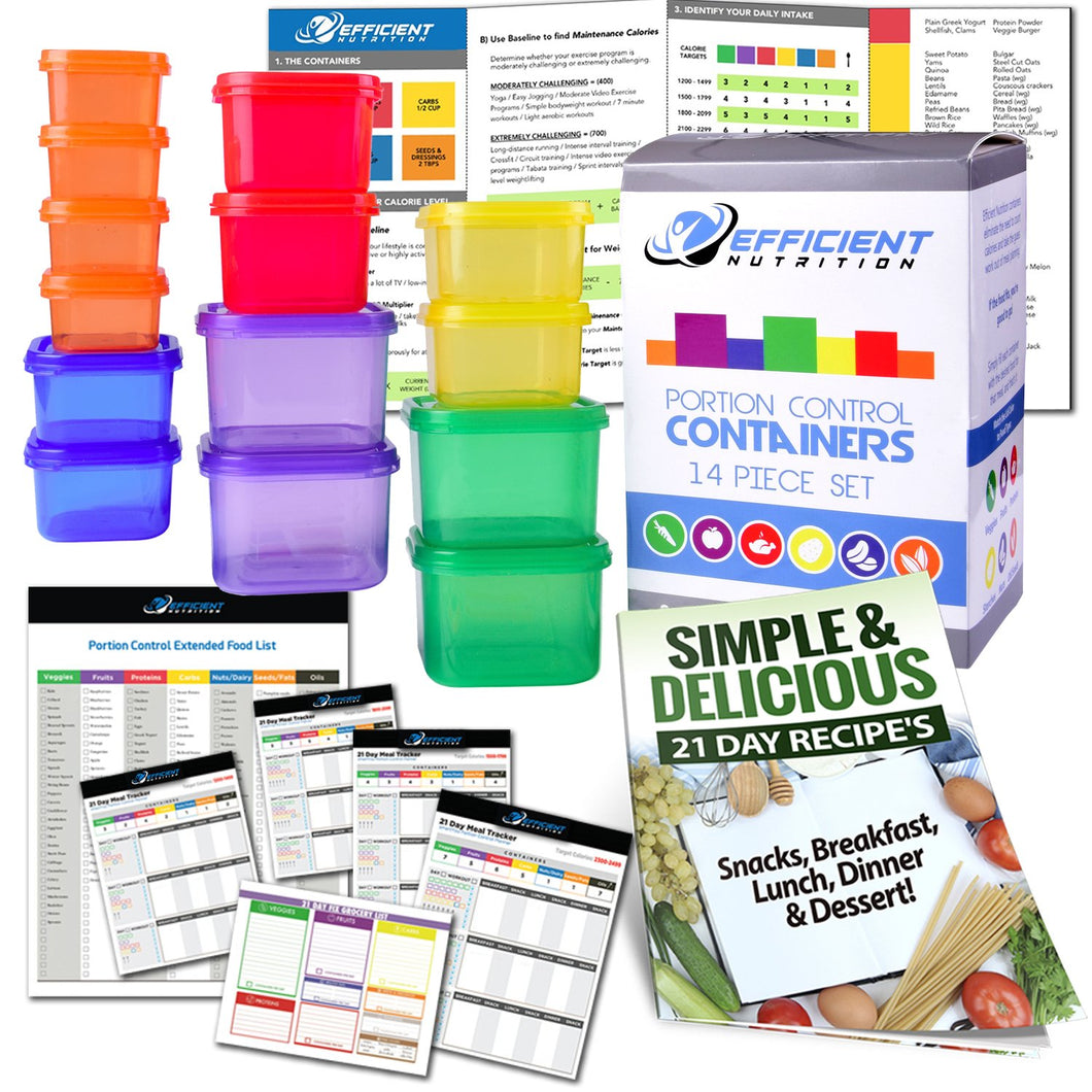 Portion Control Containers DELUXE Kit (14-Piece) with COMPLETE GUIDE + 21 DAY PLANNER + RECIPE eBOOK by Efficient Nutrition - BPA FREE Color Coded Meal Prep System for Diet and Weight Loss