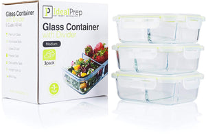 Glass Meal Prep Food Storage Containers Set – 2 Compartment Dishes with Extra High Divider - BPA Free, Microwavable, Perfect Portion Control Lunch Boxes - 3 Pack, Large