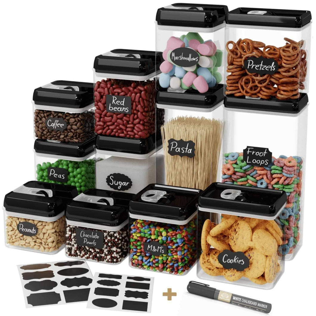 Chef's Path Airtight Food Storage Container Set - 12 PC Set - 16 BONUS Chalkboard Labels & Marker - BEST VALUE Kitchen & Pantry Containers - BPA Free - Clear Durable Plastic with Black Lids