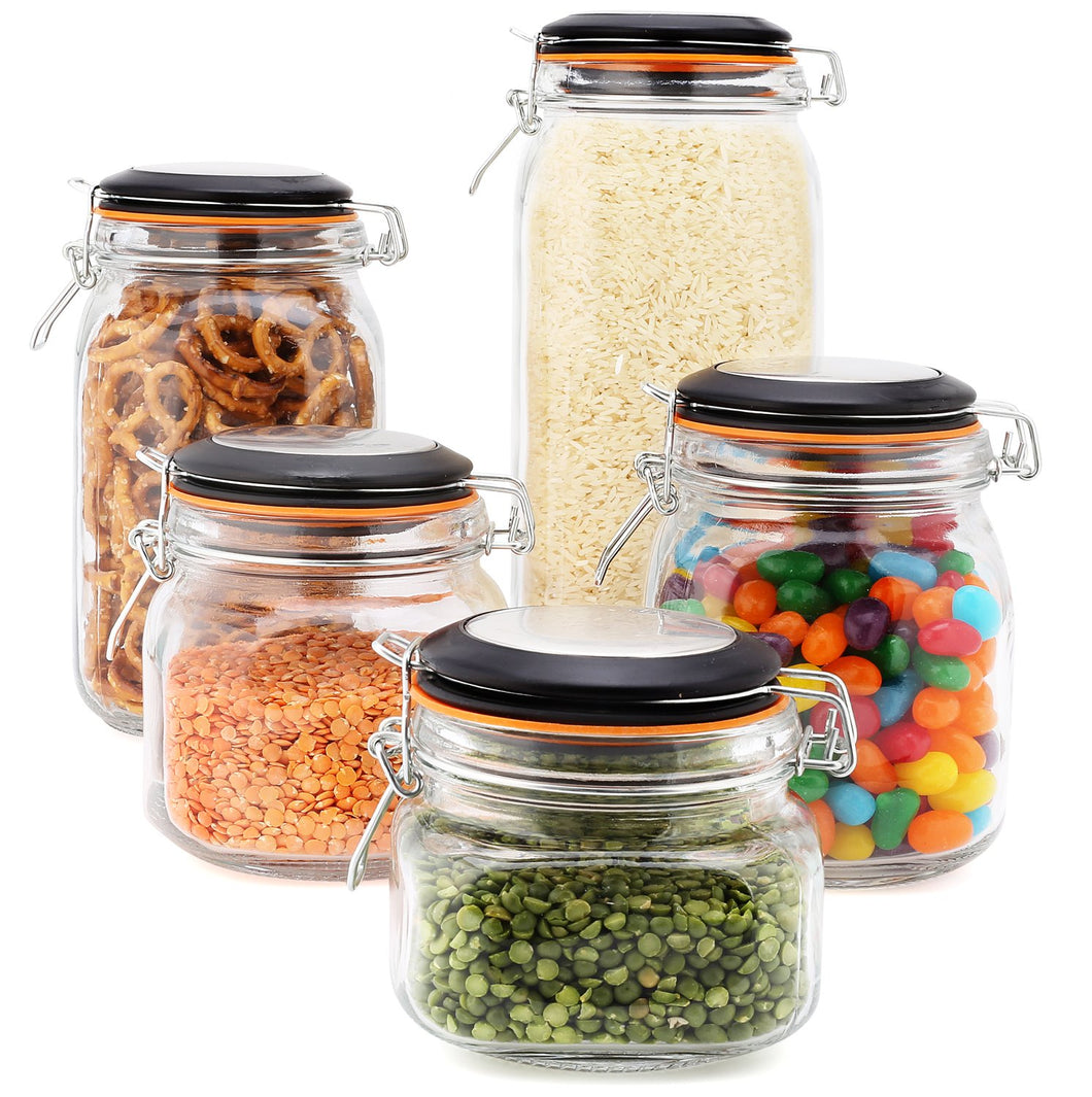 EatNeat Set of 5 Airtight Glass Food Storage Canisters with Bail & Trigger Clamp Lids: 68/51/ 34/27/ 17 oz. (Black Lid)