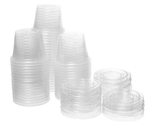 Crystalware, Disposable 1 oz. Plastic Portion Cups with Lids, Condiment Cup, Jello Shot, Soufflé Portion, Sampling Cup, 100 Sets – Clear