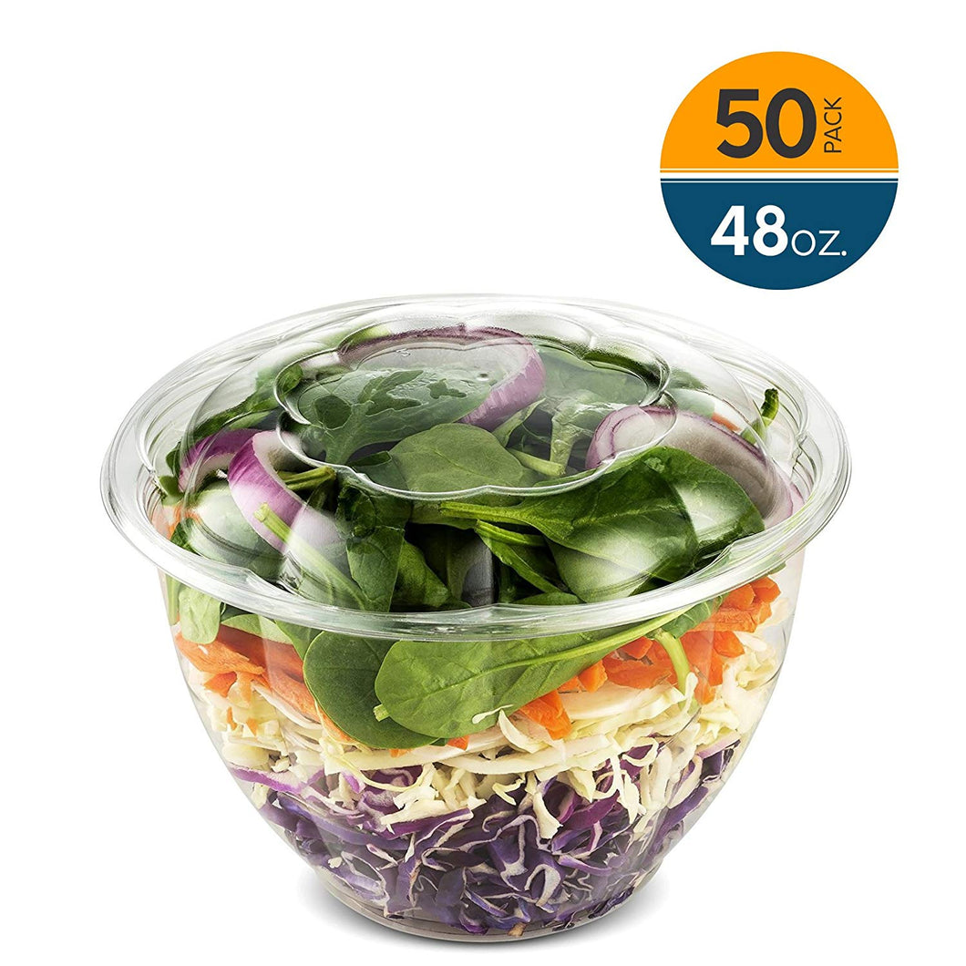 48 Ounce Clear Plastic Disposable Salad Containers with Lids in Bulk for a Fresh Airtight Seal, Portable Serving Bowl Set for Meal Prep & Preserve Freshness 50 Pack by NYHI Direct