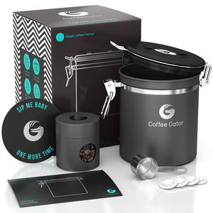 Coffee Gator Stainless Steel Container - Canister with co2 Valve, Scoop and Travel Jar - Medium, Grey