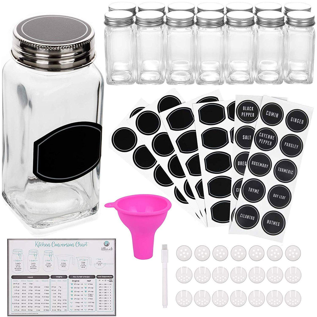 Spice Jars Bottles - 14 Square Glass Containers (4 oz) with 60 Chalkboard Labels, Chalk Marker, Stainless Steel Lid, Shaker Insert Tops and Wide Funnel - Complete Organizer Set