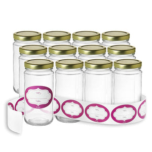 Pack of 12 - Glass Round 12 Oz Jars with Gold Lids and Labels Perfect for Home Canning, Pickling, Gifts, Presentation, Baby Showers, Baby Food Storage, Wedding Favors, Juicing, Housewarming, Pantry