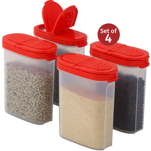 Clear Plastic Empty Spice Container Spice Jar with Lid – Kitchen Bottle Dispenser Store Spice, Herb, Rub, Sugar – 2-Way Lids Sift or Pour Shaker–Refillable Airtight Jars- Mini Keepers Red Cap 4 pk.