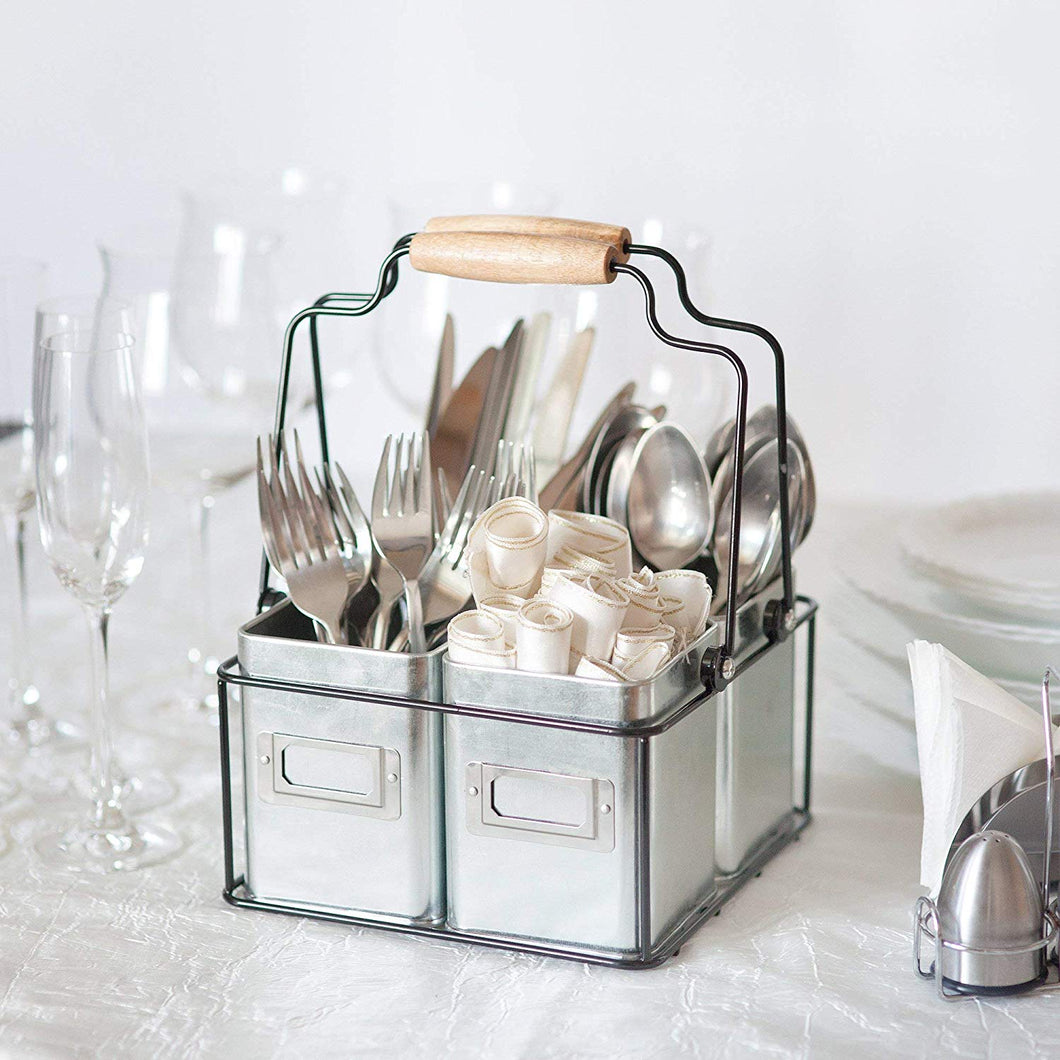 Kenley Galvanized Tin Caddy - Utensil Holder Organizer for Kids & Art Supplies, Kitchen Silverware, Napkins, Flatware, Condiments - Farmhouse Vintage Rustic Décor Picnic Tray with Handles & Metal Bins