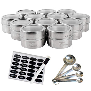 NH-Kitchen Stainless Steel Magnetic Spice Tins: 12-Piece Round Set with Shaker Lids for Herbs & Seasonings + BONUS 4 Measuring Spoons, 24 Labels & Pen