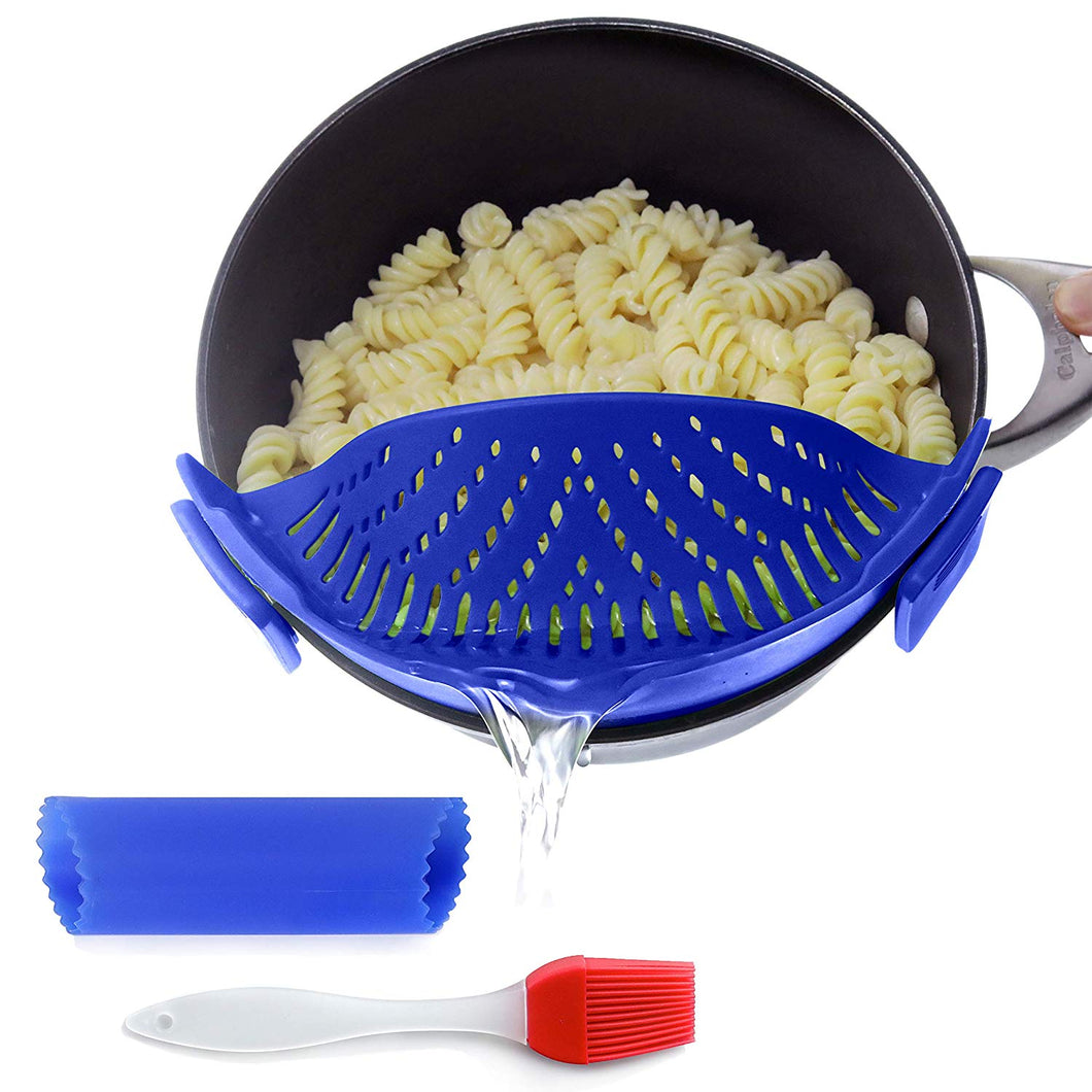 Clip-on kitchen food strainer for spaghetti, pasta, and ground beef grease, colander and sieve snaps on bowls, pots and pans, Set includes silicone strainer brush & garlic peeler by Salbree, Dark Blue