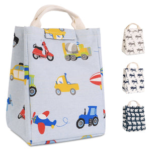 HOMESPON Reusable Lunch Bag Insulated Lunch Box Cute Canvas Fabric with Aluminum Foil, Printed Lunch Tote Handbag Fordable for Women,Men,School, Office (Cartoon Car)