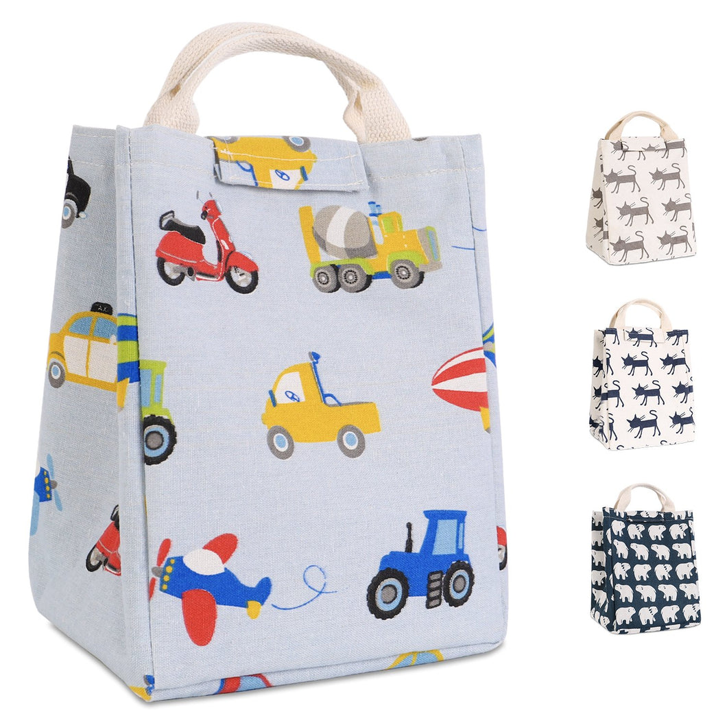 HOMESPON Reusable Lunch Bag Insulated Lunch Box Cute Canvas Fabric with Aluminum Foil, Printed Lunch Tote Handbag Fordable for Women,Men,School, Office (Cartoon Car)