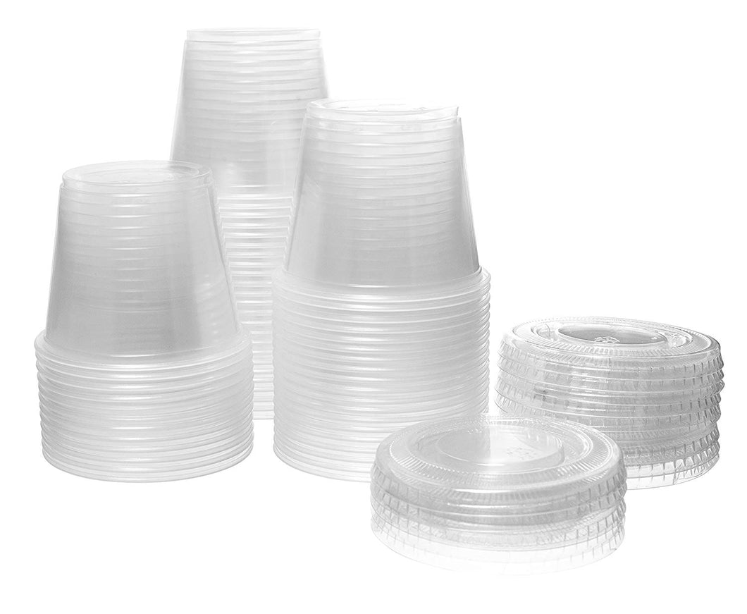 Crystalware, Disposable 5.5 oz. Plastic Portion Cups with Lids, Condiment Cup, Jello Shot, Soufflé Portion, Sampling Cup, 100 Sets – Clear