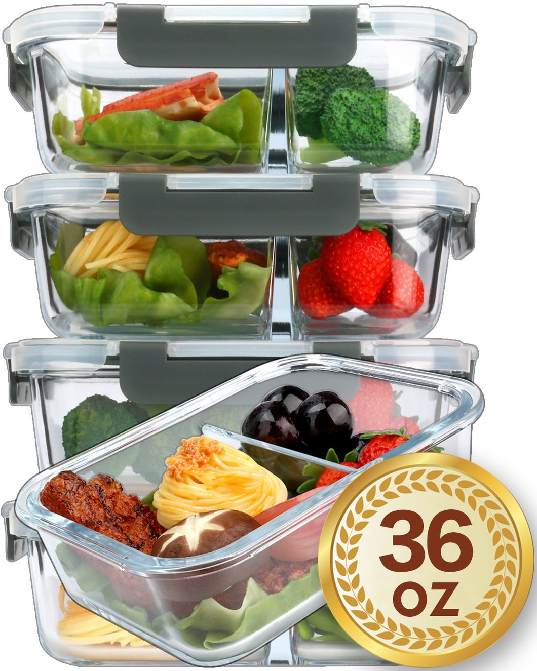 [5-Packs,36 Oz]Glass Meal Prep Containers 2 Compartments Portion Control with Upgraded Snap Locking Lids Glass Food Storage Containers BPA-Free, Microwave, Oven, Freezer and Dishwasher Safe (4.5 Cups)