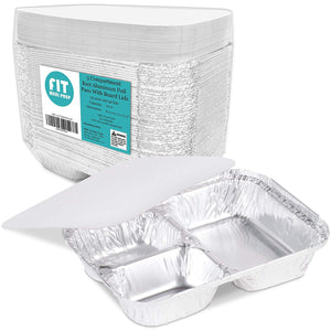 3 Compartment 8.5 x 6.5 x 1.5" Rectangular Disposable Aluminum Foil Pan Take Out Food Containers with Flat Board Lids, Hot Cold Freezer Oven Safe [50 Pack]
