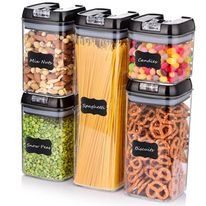 ME.FAN Airtight Food Storage Container Set [5-Piece Set] Durable Seal Pot- Cereal Storage Containers - 24 Chalkboard Label - Kitchen Cabinet Organization - BPA Free - Clear Plastic with Black Lid