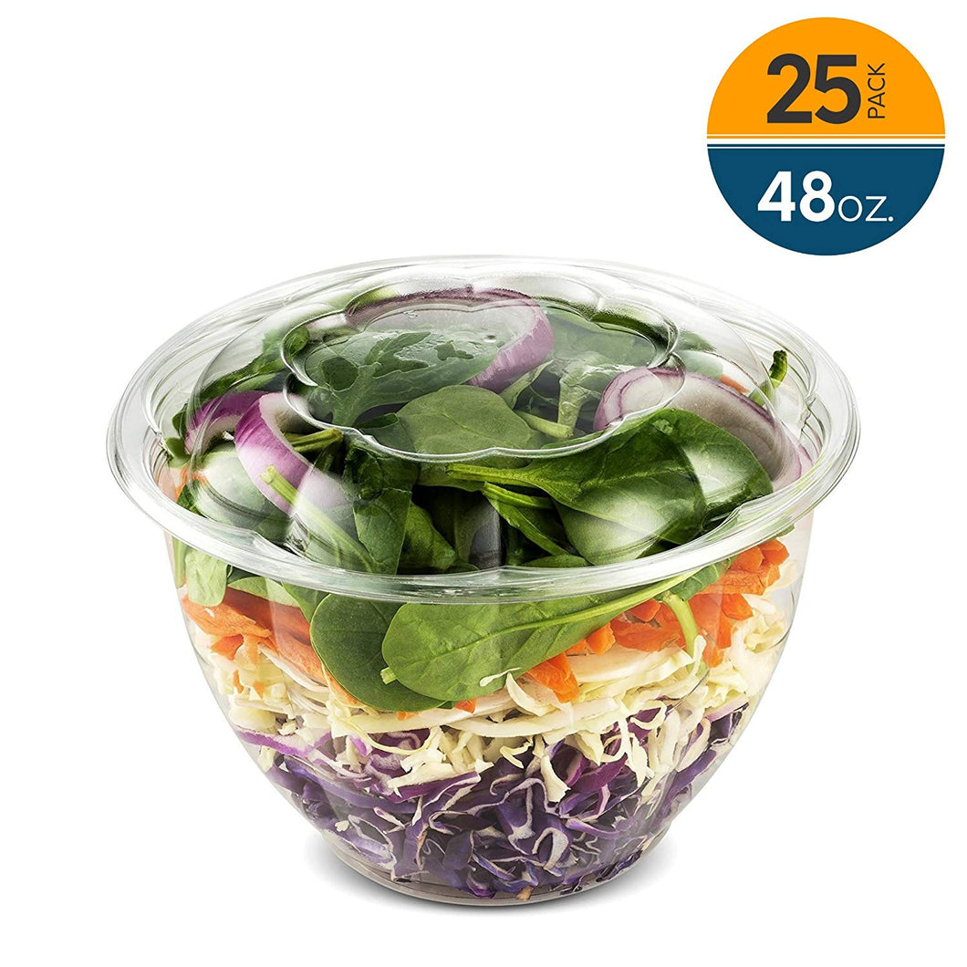 48 Ounce Clear Plastic Disposable Salad Containers with Lids in Bulk for a Fresh Airtight Seal, Portable Serving Bowl Set for Meal Prep & Preserve Freshness 25 Pack by NYHI Direct